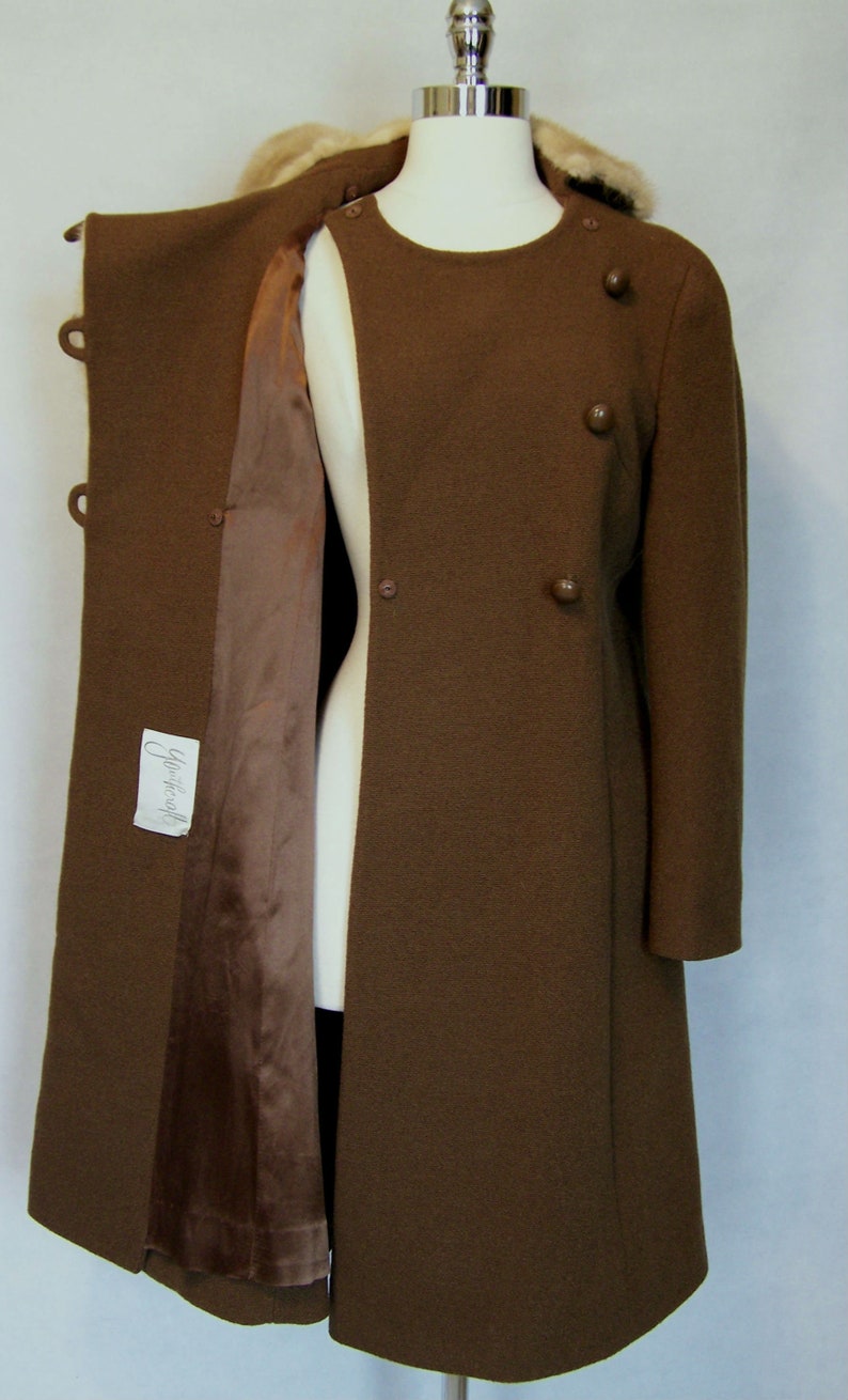 Elegant 60s Brown Wool MINK Fur Trim Princess Coat S Small Youthcraft 1960s