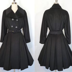 Exquisite 50s Sally MILGRIM Black Wool Pleated Princess Coat S Small 1950s