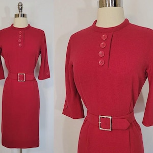 Stunning 50s Cerise Wool Wiggle Dress XS Small 1950s