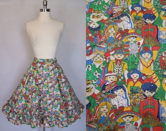 Rare 1950s Cultures of the World Novelty Print Cotton Full Circle Skirt M Medium 29 Waist 50s