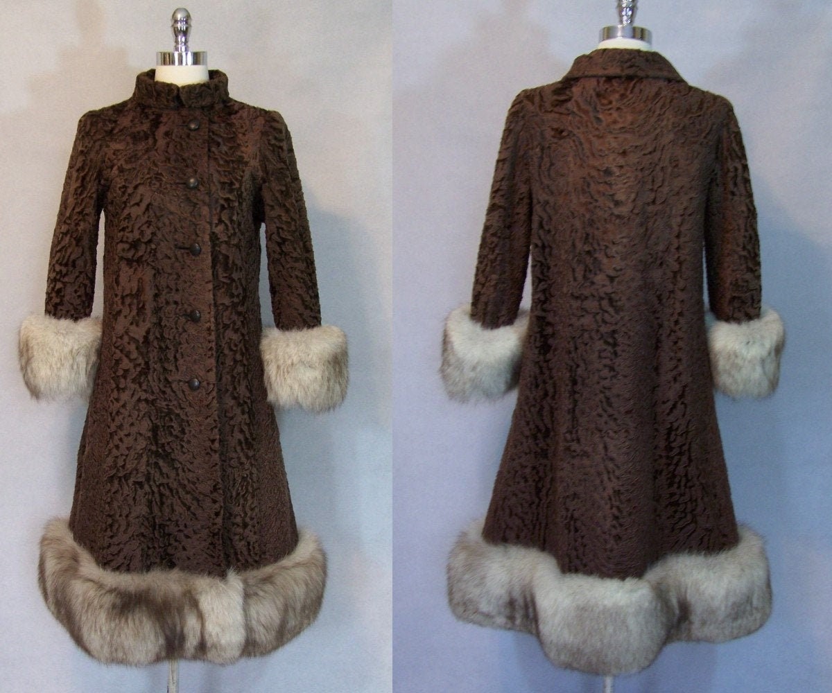 Abraham and Straus Tapestry coat with fur collar and wrap belt, 1960s