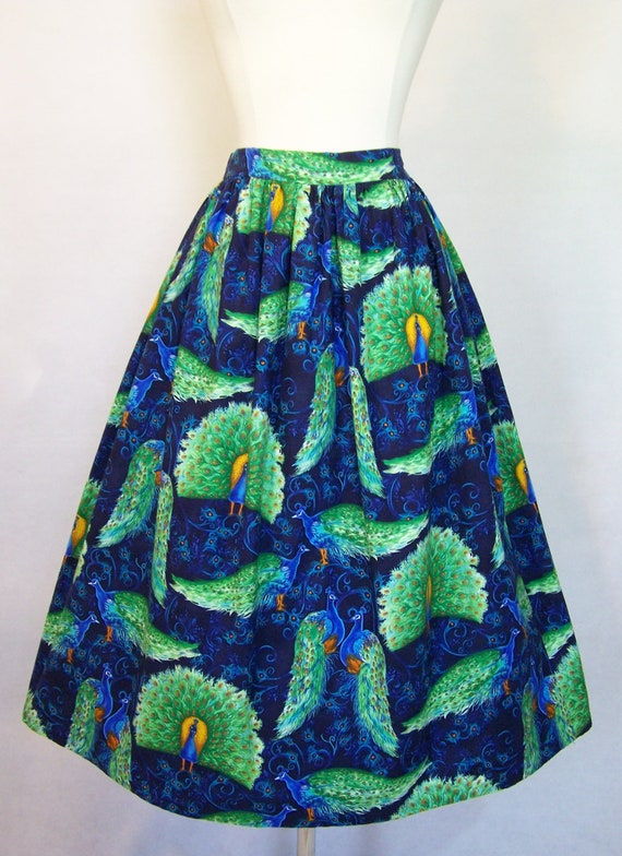 Rare 1950s Peacock Novelty Print Cotton Skirt S S… - image 3
