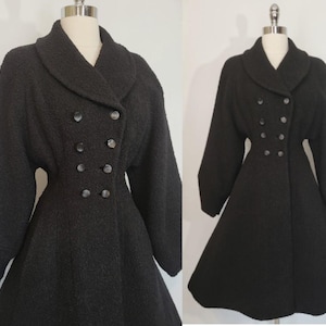Gorgeous 40s Black Boucle&#39; Wool Bishop Sleeves Princess Coat XS Small 1940s