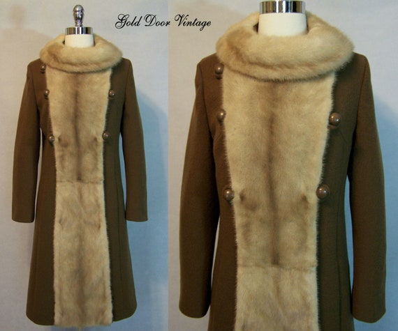 Elegant 60s Brown Wool MINK Fur Trim Princess Coat S Small Youthcraft 1960s
