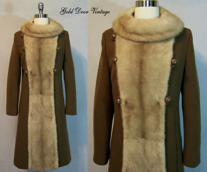 Elegant 60s Brown Wool MINK Fur Trim Princess Coat S Small Youthcraft 1960s