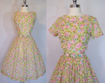 NOS 1950 Carol Brent vestido floral de 2 piezas y chaqueta bolero conjunto pequeño S nuevo viejo stock años 50