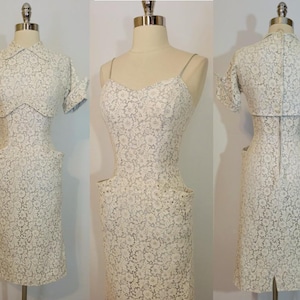 Glamorous 50s CLAUDIA YOUNG  2 Pc Lace Rhinestone Wiggle Dress & Bolero Set XS X-Small 1950S