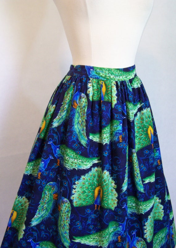 Rare 1950s Peacock Novelty Print Cotton Skirt S S… - image 4