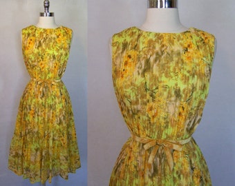 Gorgeous 50s 60s SAKS Fifth Avenue Floral Chiffon Garden Party Dress S Small 1950s 1960s