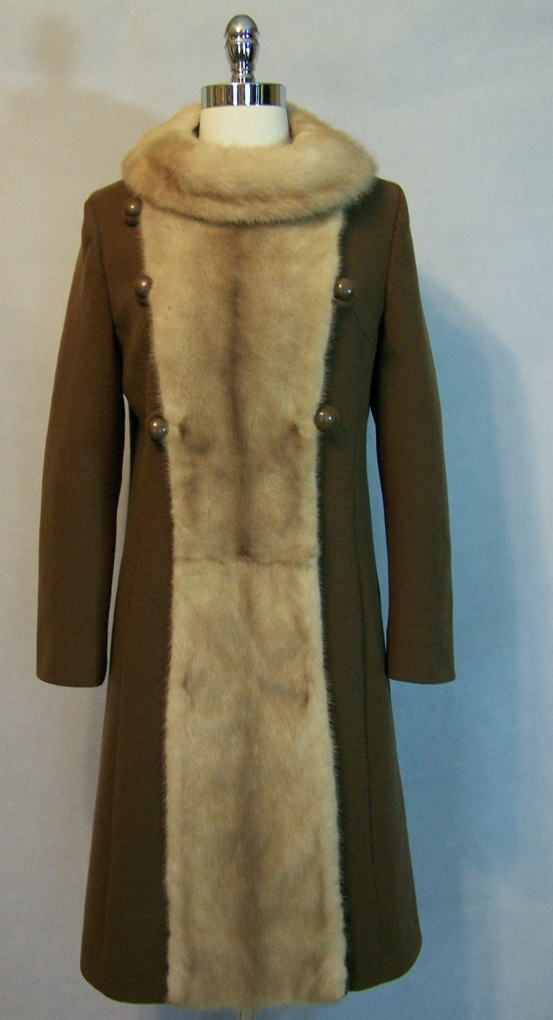 Elegant 60s Brown Wool MINK Fur Trim Princess Coat S Small Youthcraft 1960s
