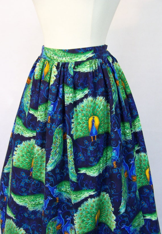 Rare 1950s Peacock Novelty Print Cotton Skirt S S… - image 6