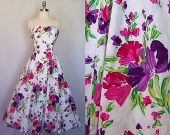 Gorgeous 50s Style Strapless Purple Pink Floral Fit Flare Dress Sundress 1980s 80s Does 50s XS