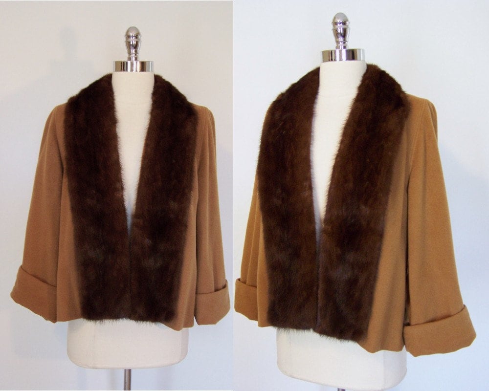 ホノソウ☆美品レア☆MEGMIURA PIn tuck Mods coat Exquisite 50s 100% VICUNA Mink Fur Trim Swing Car Coat S/M