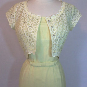 Bombshell 50s MINX MODES Silk 2 Pc Wiggle Dress & Lace Jacket Rhinestones Set Suit XS X-Small 1950S image 7