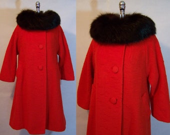 Stunning 60s LILLI ANN Red Mohair Wool Fox Fur Collar Swing Coat 1960S XS S M