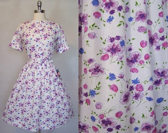DEADSTOCK 50s Purple Rose Floral Print Cotton Fit Flare Shirtwaist Dress Small S 1950s