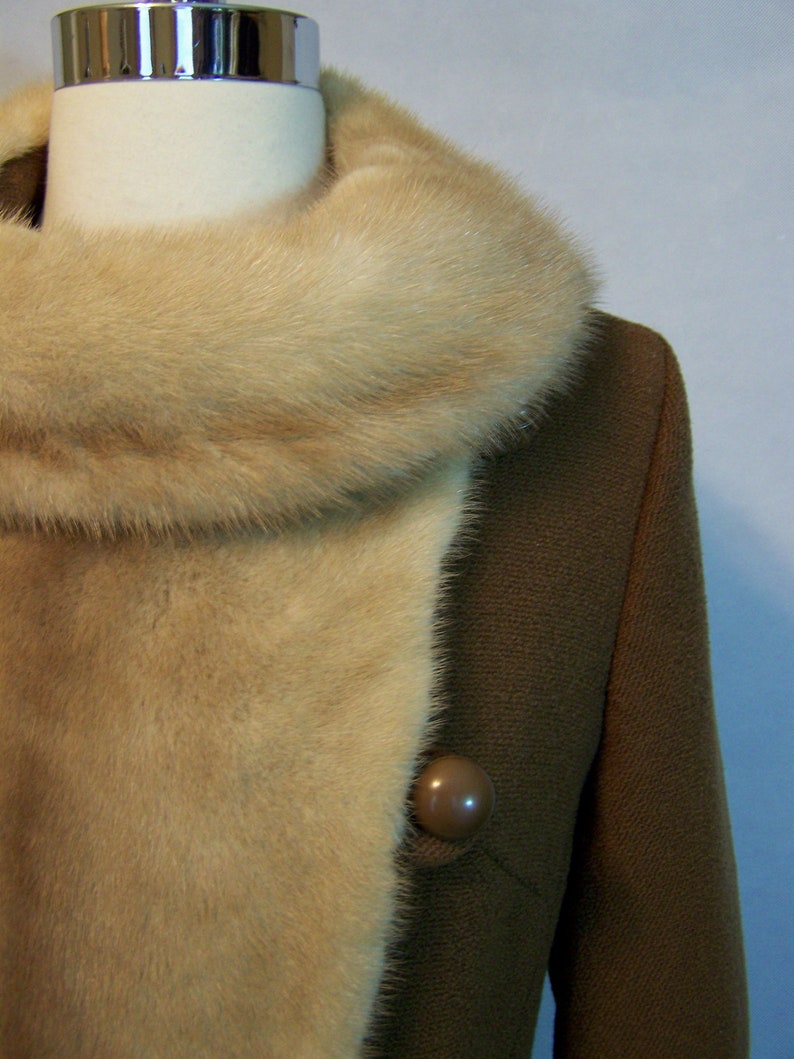 Elegant 60s Brown Wool MINK Fur Trim Princess Coat S Small Youthcraft 1960s