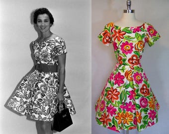Documented Arnold SCAASI Couture Quality Silk Floral Fit Flare Cocktail Party Dress 4 XS 90s Does 50s