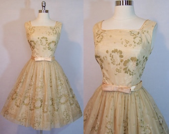 Gorgeous 50s Organza Floral Fit Flare Cocktail Party Dress S Small 1950s