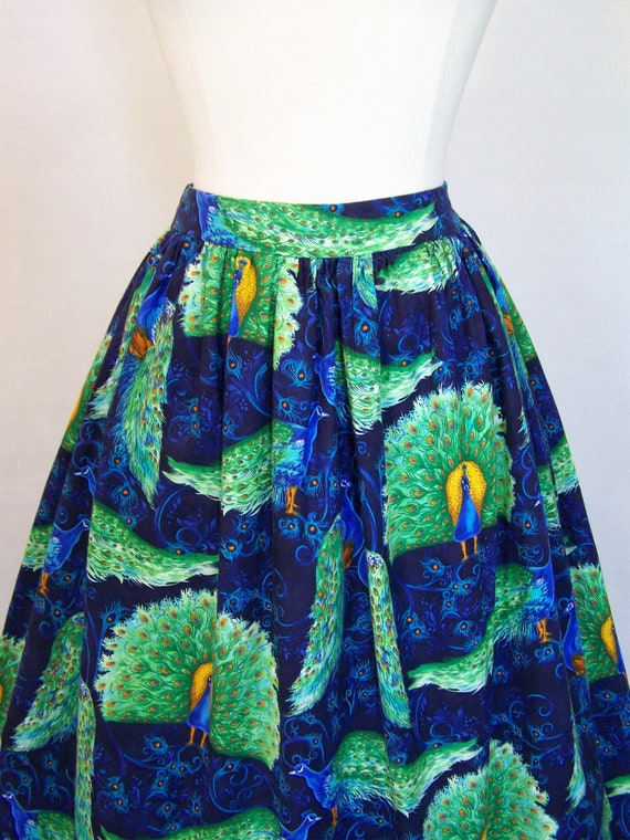 Rare 1950s Peacock Novelty Print Cotton Skirt S S… - image 5