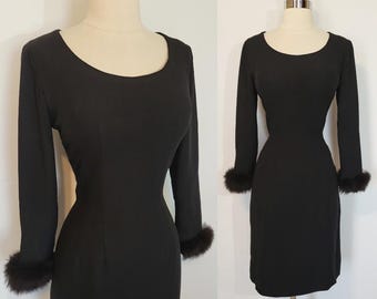 Hourglass 50s SUE LESLIE Black Fox Fur Cuffs Pinup Cocktail Dress Small 1950s