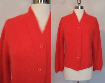 Rare 50s LUISA SPAGNOLI Italy Orange Angora Cardigan Sweater S/M Small Medium
