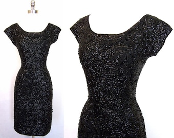 Incredible 50s All Over Beads & Sequins Wool Knit Hourglass Wiggle Dress S/M 1950s