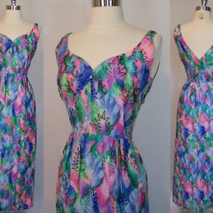 Vestido espectacular de los años 50 con estampado de acuarela vibrante y cuentas en forma de reloj de arena, talla S pequeña, talla XS, años 50