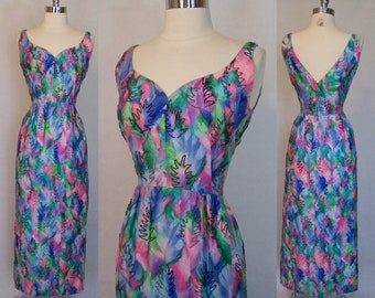Head Turner! 50s Beaded Watercolor Print Gown S Small XS 1950s
