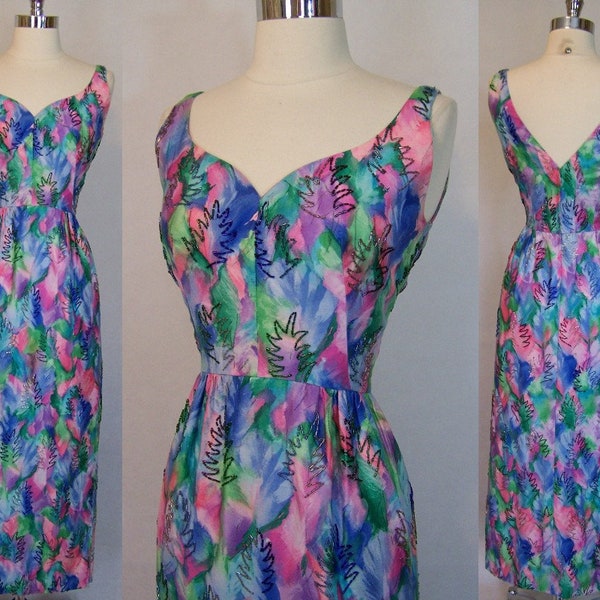 Head Turner! 50s Beaded Watercolor Print Gown S Small XS 1950s