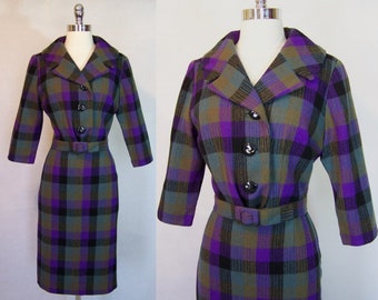 Fabulous 50s Purple Plaid Wool Wiggle 2 Piece Suit S Small 1950s