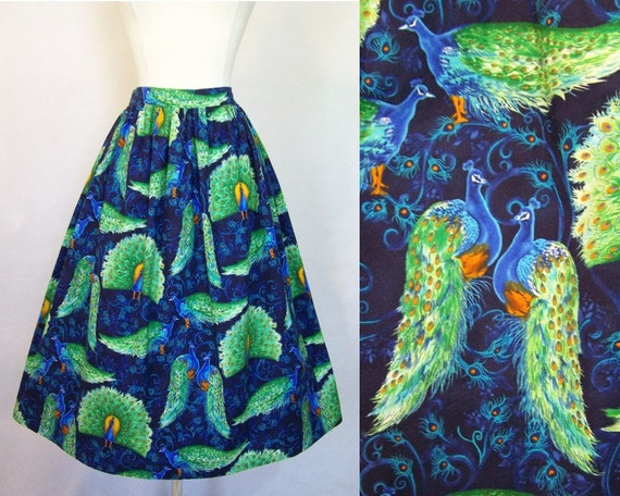 Rare 1950s Peacock Novelty Print Cotton Skirt S S… - image 1
