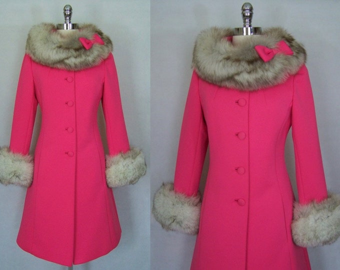 Stunning 60s LILLI ANN Hot Pink Fox Fur Trim Princess Coat Small/x ...
