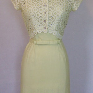 Bombshell 50s MINX MODES Silk 2 Pc Wiggle Dress & Lace Jacket Rhinestones Set Suit XS X-Small 1950S image 2