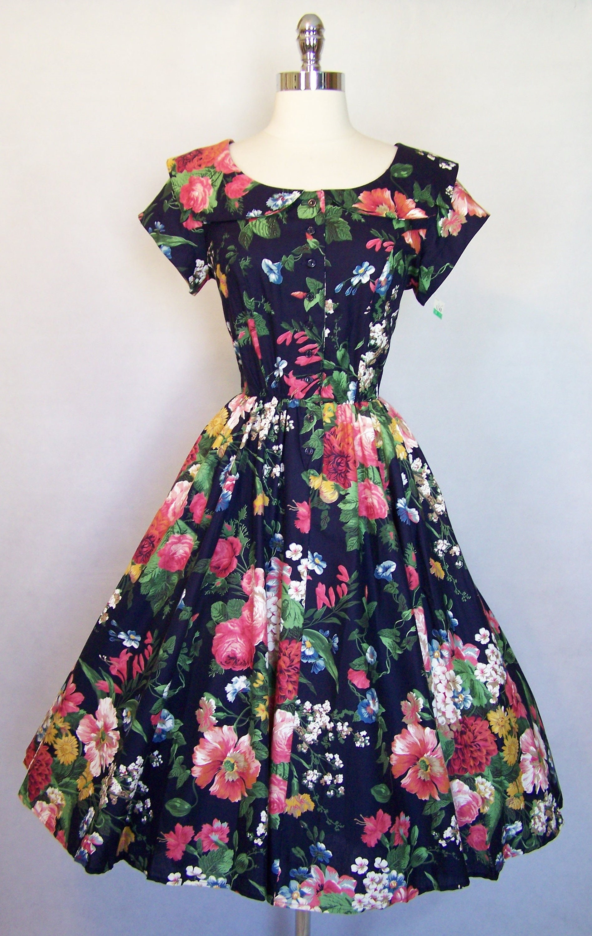 Dress SALE DEADSTOCK 50s Style Navy Floral Fit Flare Cotton - Etsy