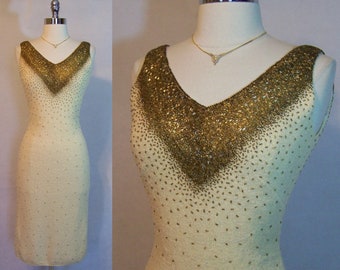 Bombshell 50s GENE SHELLY'S Wool Knit Beaded Wiggle Pinup Dress 1950s XS/Small