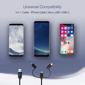 May include: A 3-in-1 charging cable with three different connectors: USB-C, Micro USB, and Lightning. The cable is black and has a Y-shaped design. The cable is shown with three different smartphones: an iPhone, a Samsung Galaxy, and a generic Android phone.