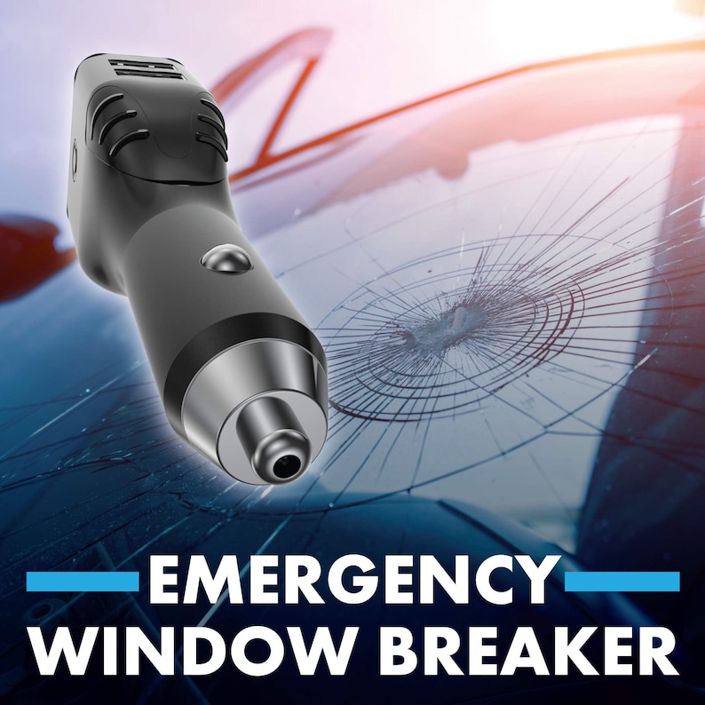 May include: A black and silver emergency window breaker tool with a textured grip. The tool is designed to break car windows in case of an emergency. The tool is shown in front of a cracked car window.