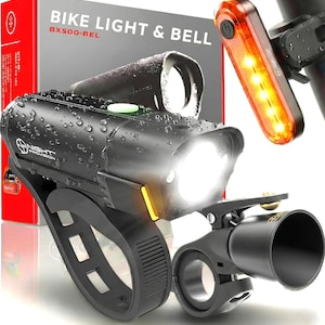 New 2025 BX500-BEL Bike Light & Bell Set - USB-C Rechargeable LED Front and Back Lights, 10hr Headlight, 18hr Taillight, Night Riding