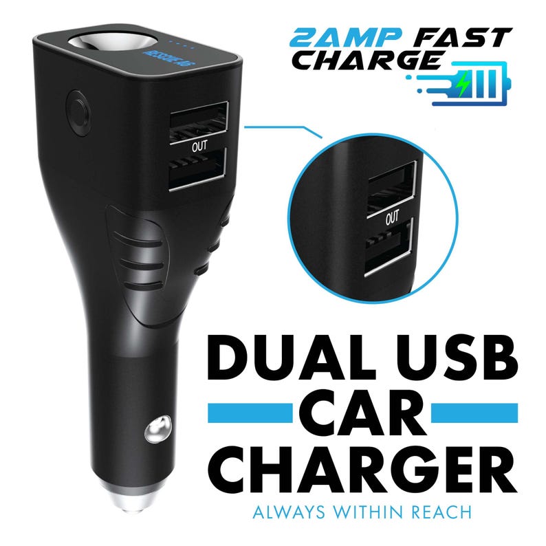 May include: Black dual USB car charger with a blue digital display and the text "2AMP FAST CHARGE" in blue and white. The charger has two USB ports labeled "OUT".