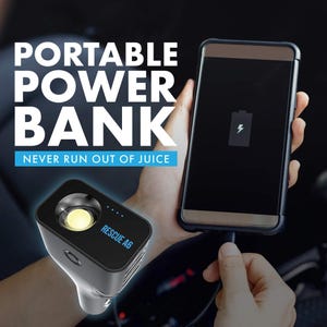 May include: A black portable power bank with a car charger plug and a white light. The power bank is labeled "RESCUE A6". A hand is holding a black smartphone with a low battery icon on the screen. The phone is plugged into the power bank.