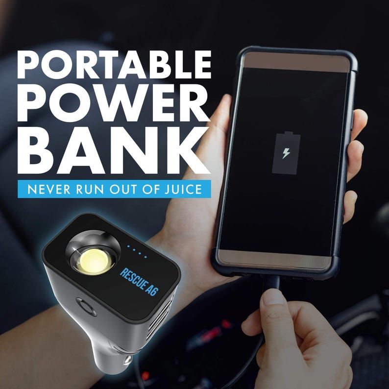 May include: A black portable power bank with a car charger plug and a white light. The power bank is labeled "RESCUE A6". A hand is holding a black smartphone with a low battery icon on the screen. The phone is plugged into the power bank.
