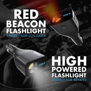 May include: A black car charger flashlight with a red beacon light and a white LED light. The text "RESCUE A6" is printed on the side of the flashlight.