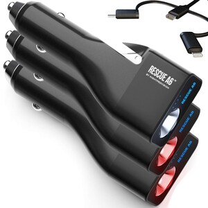 May include: Three black car chargers with a built-in flashlight and red and blue flashing lights. The charger is labeled "Rescue A6" by Nightprovison.