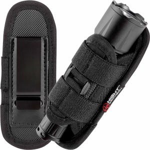 May include: Black flashlight holster with a belt clip and adjustable strap. The holster has the text "NIGHT PROVISION" printed on it.