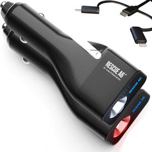 May include: Black car charger with two USB ports and a built-in red and white LED light. The charger has the text "RESCUE A6&trade; BY NIGHTPROVISION" on the side.