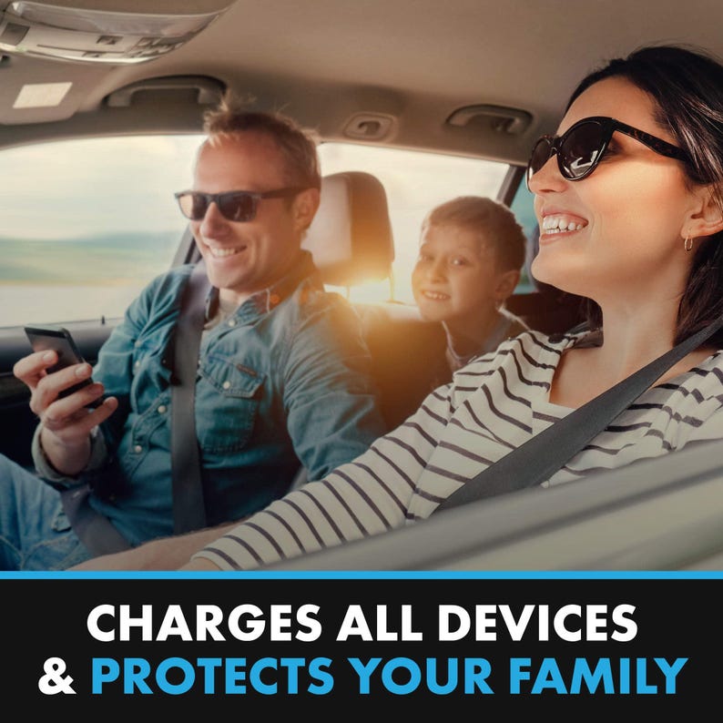 May include: A family of three in a car, the driver is looking at a phone, the passenger in the back is looking at the camera, and the front passenger is looking at the camera and smiling. The text on the image reads "CHARGES ALL DEVICES & PROTECTS YOUR FAMILY".