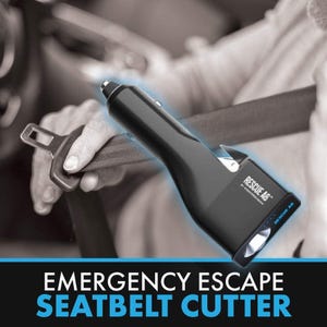 May include: A black car charger with a built-in seatbelt cutter and flashlight. The text "RESCUE AG" is printed on the side of the device. The device is shown in a car with a seatbelt.