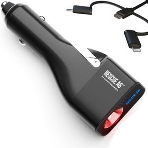 May include: Black car charger with a built-in red LED flashlight. The charger has a built-in cable with a Lightning connector and a USB-C connector. The charger is labeled "RESCUE A6&trade; BY NIGHTPROVISION".