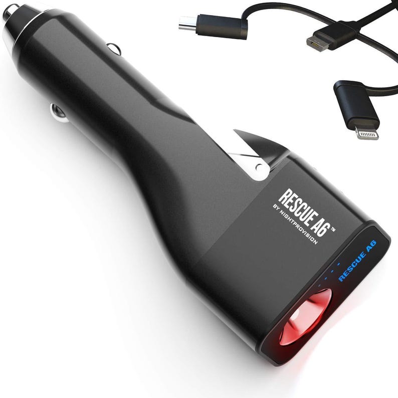 May include: Black car charger with a built-in red LED flashlight. The charger has a built-in cable with a Lightning connector and a USB-C connector. The charger is labeled "RESCUE A6&trade; BY NIGHTPROVISION".
